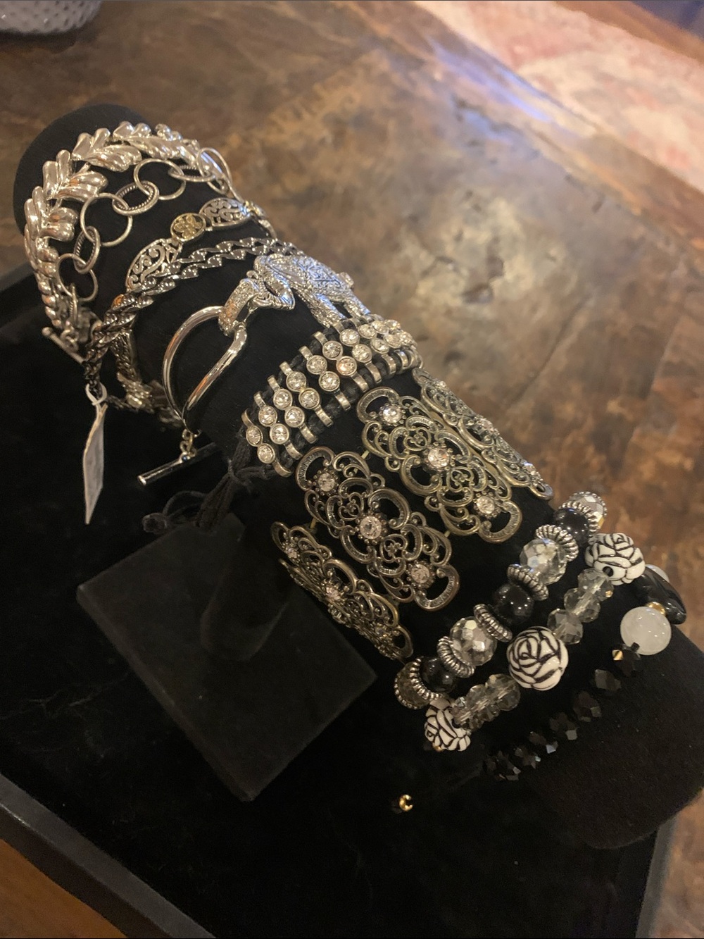 A collection of Silver-Tone Rhinestone & Filigree Bracelet Set